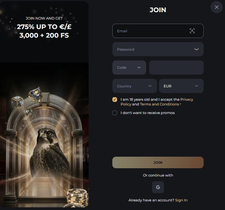 falcon casino registration